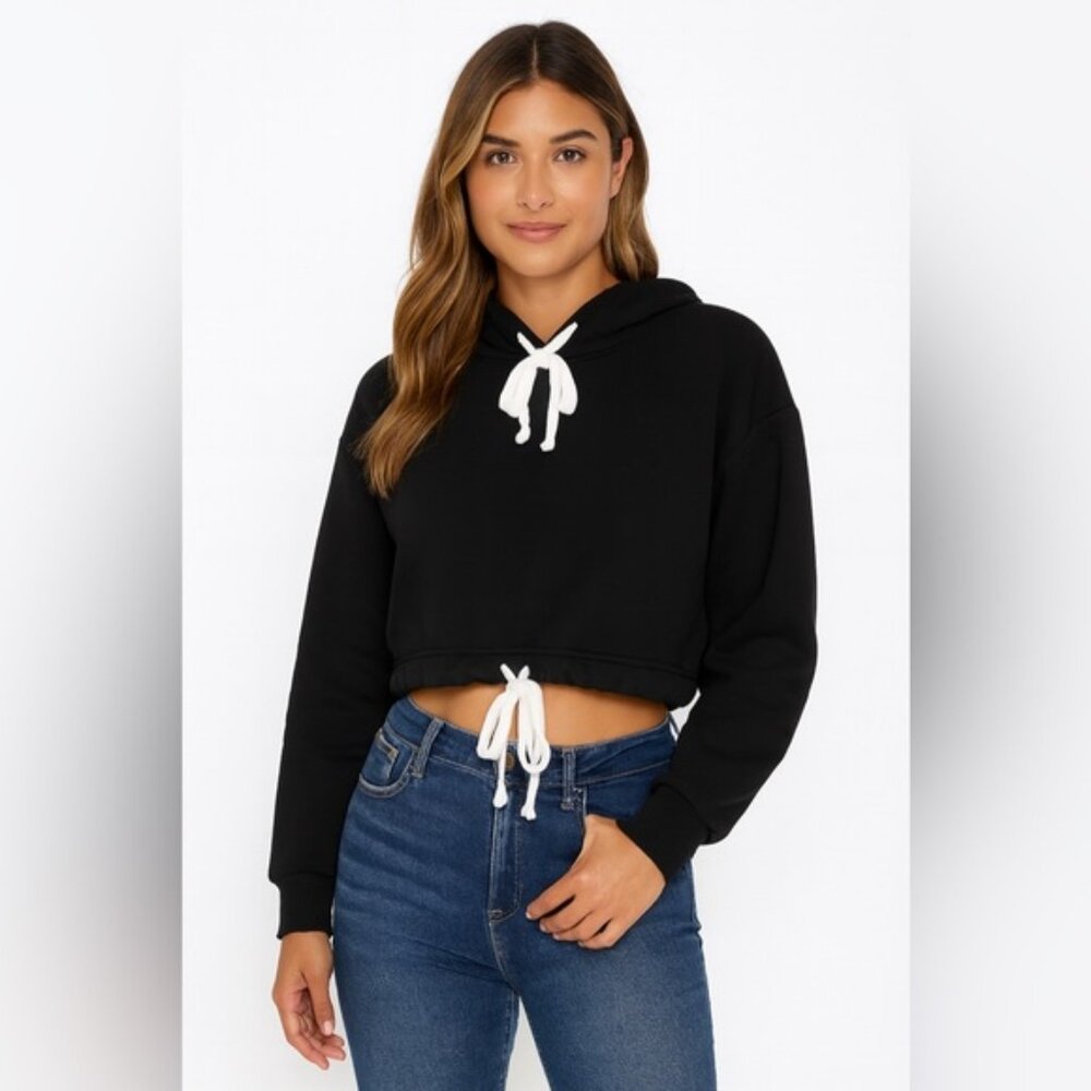 Black Cropped Hoodie with White Drawstrings